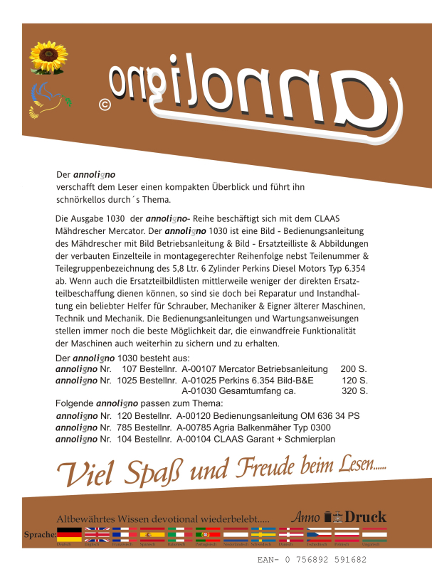 Claas Mähdrescher Mercator & Perkins Typ 6,354 Bild Bedienungsanleitung & Bild- Ersatzteilliste mit Explosionszeichnungen für den Motor -  annoligno 1030